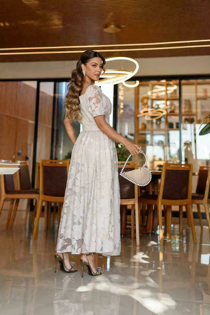 VESTIDO EULÁLIA RENDA DEVORÊ COM SAIA AMPLA MIDI