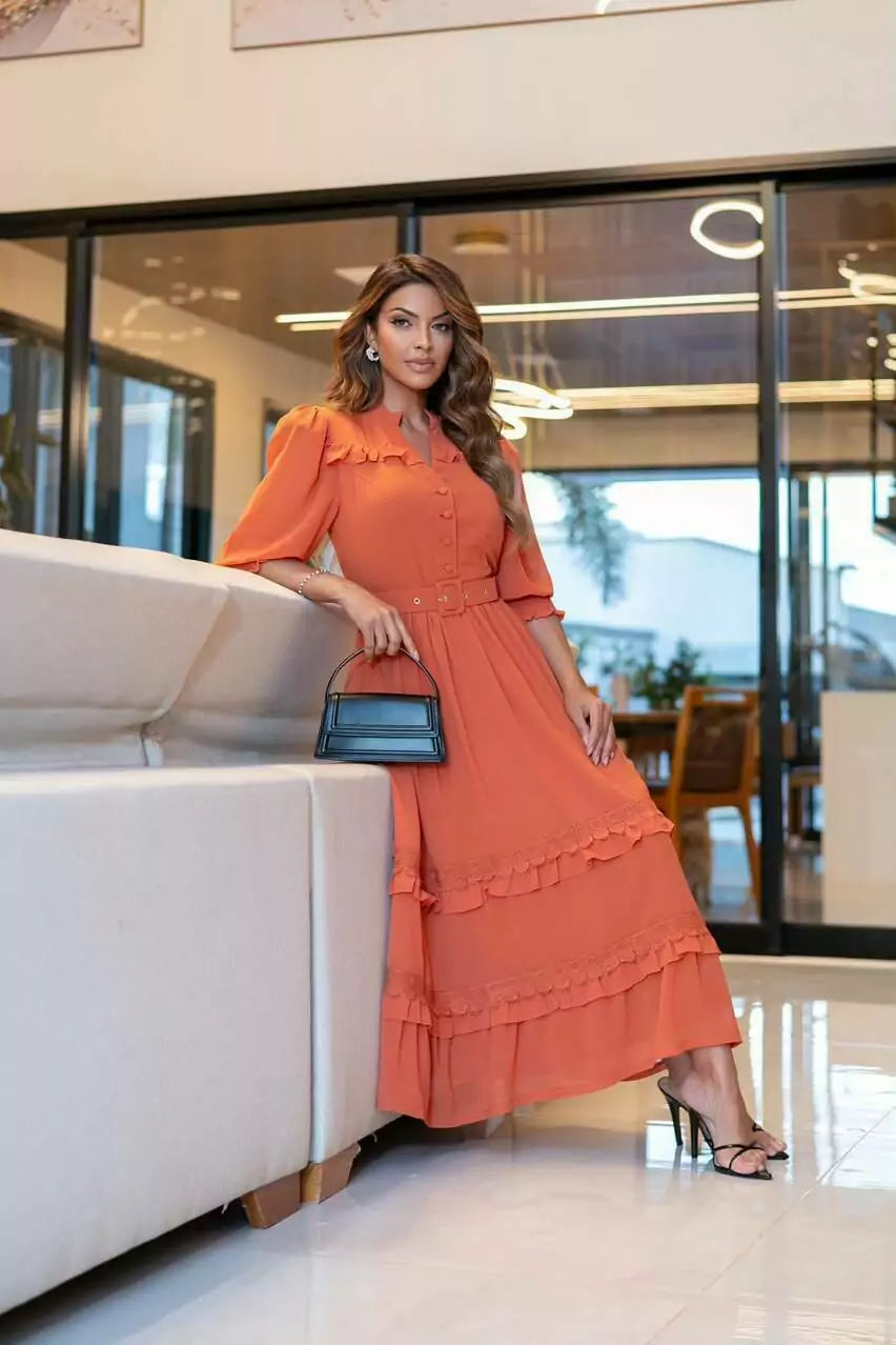 VESTIDO ANELISE MUSSELINE COM RENDA GUIPIR MIDI