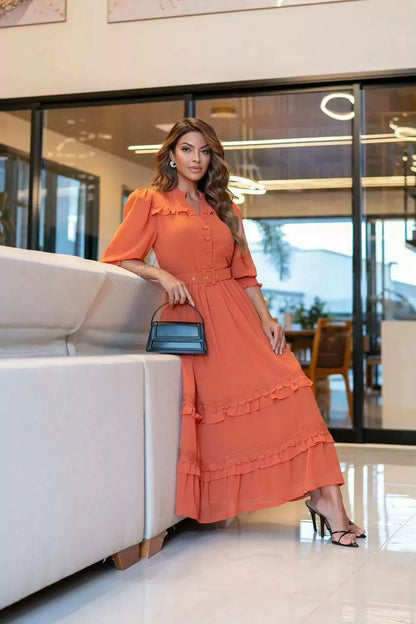 VESTIDO ANELISE MUSSELINE COM RENDA GUIPIR MIDI