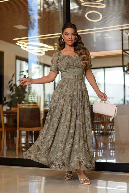 VESTIDO EULÁLIA RENDA DEVORÊ COM SAIA AMPLA MIDI