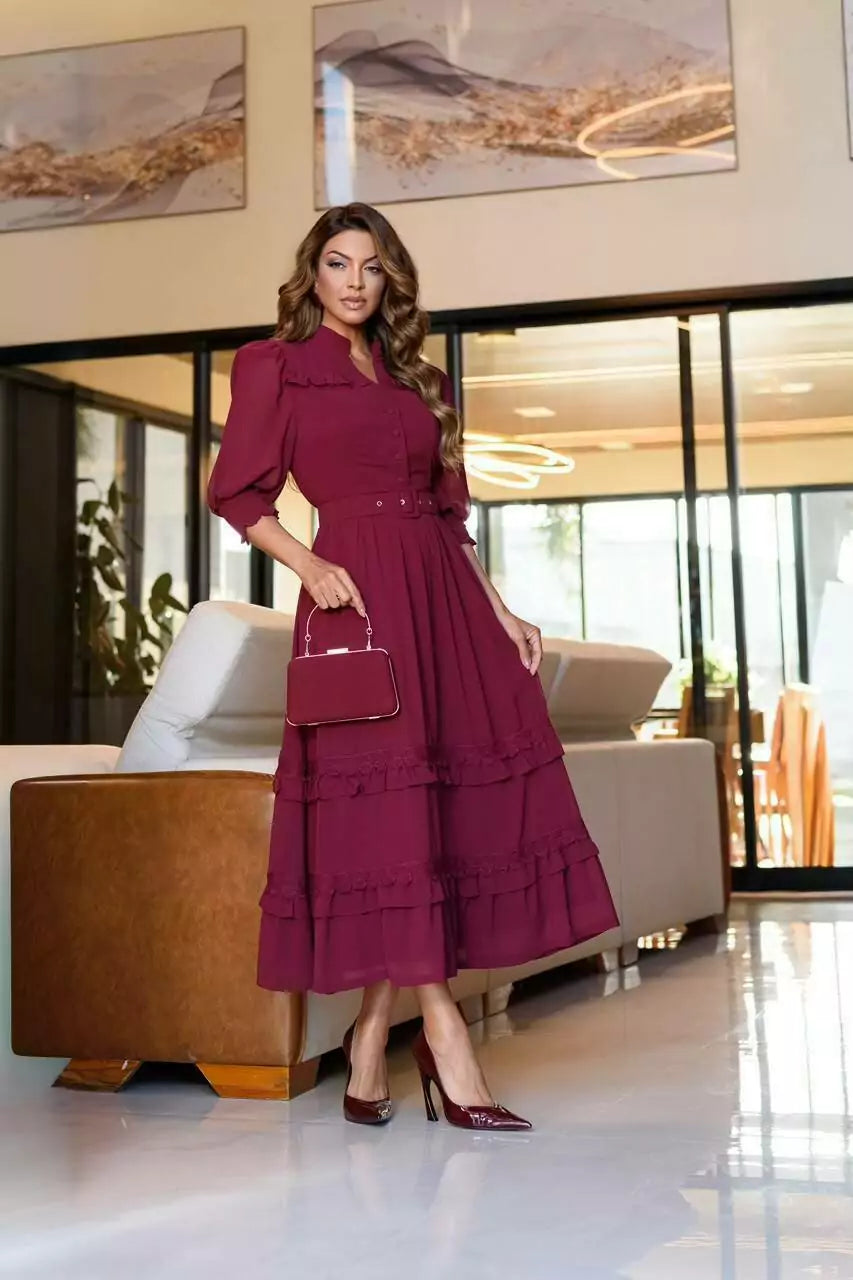 VESTIDO ANELISE MUSSELINE COM RENDA GUIPIR MIDI