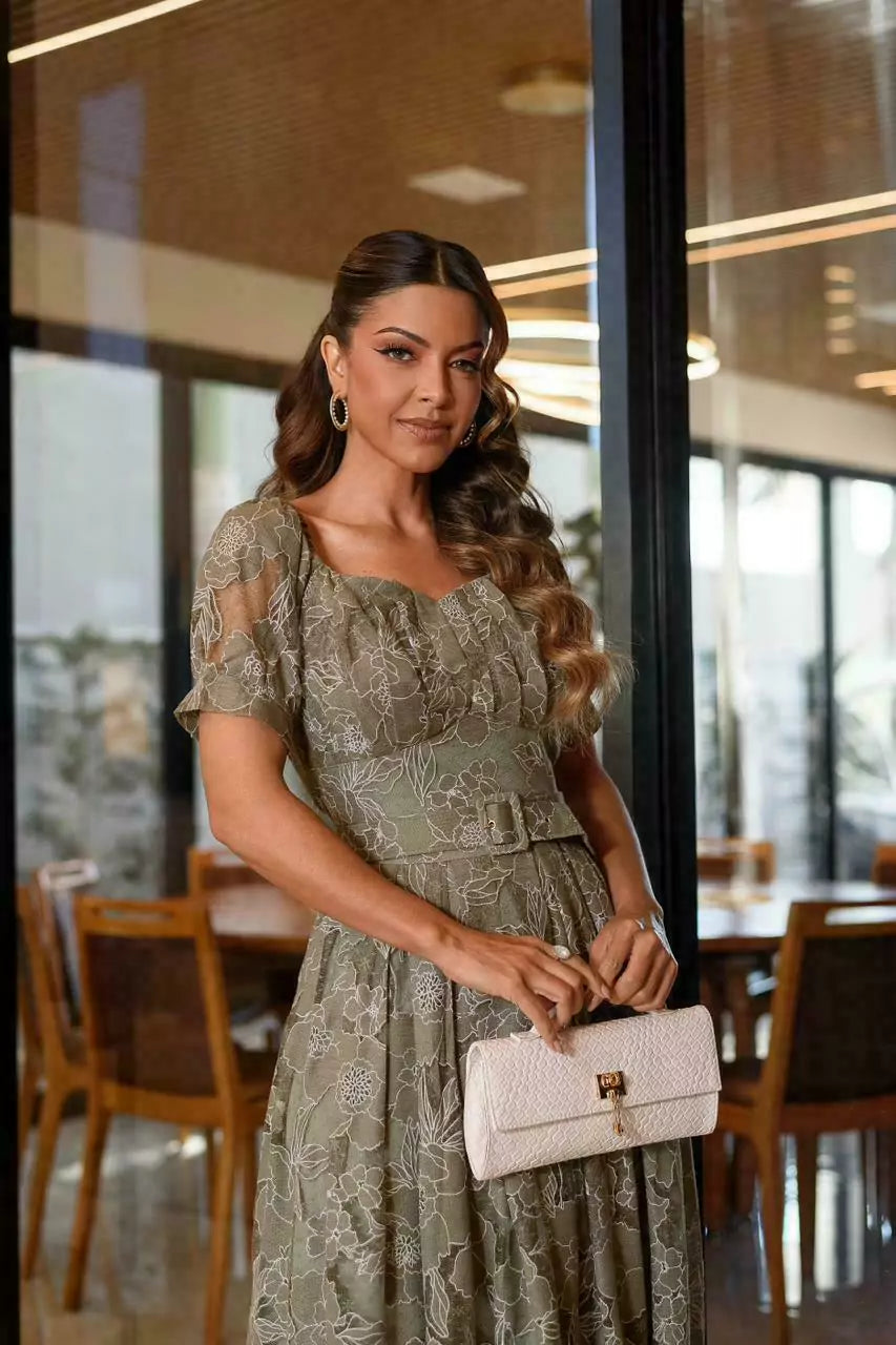 VESTIDO EULÁLIA RENDA DEVORÊ COM SAIA AMPLA MIDI
