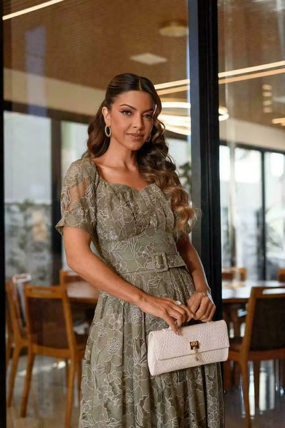 VESTIDO EULÁLIA RENDA DEVORÊ COM SAIA AMPLA MIDI