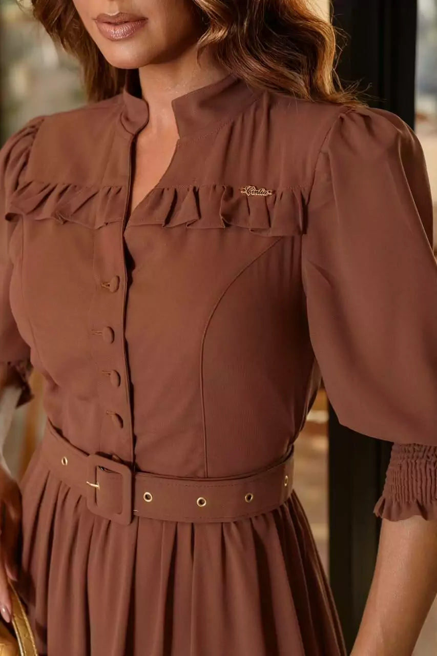 VESTIDO ANELISE MUSSELINE COM RENDA GUIPIR MIDI