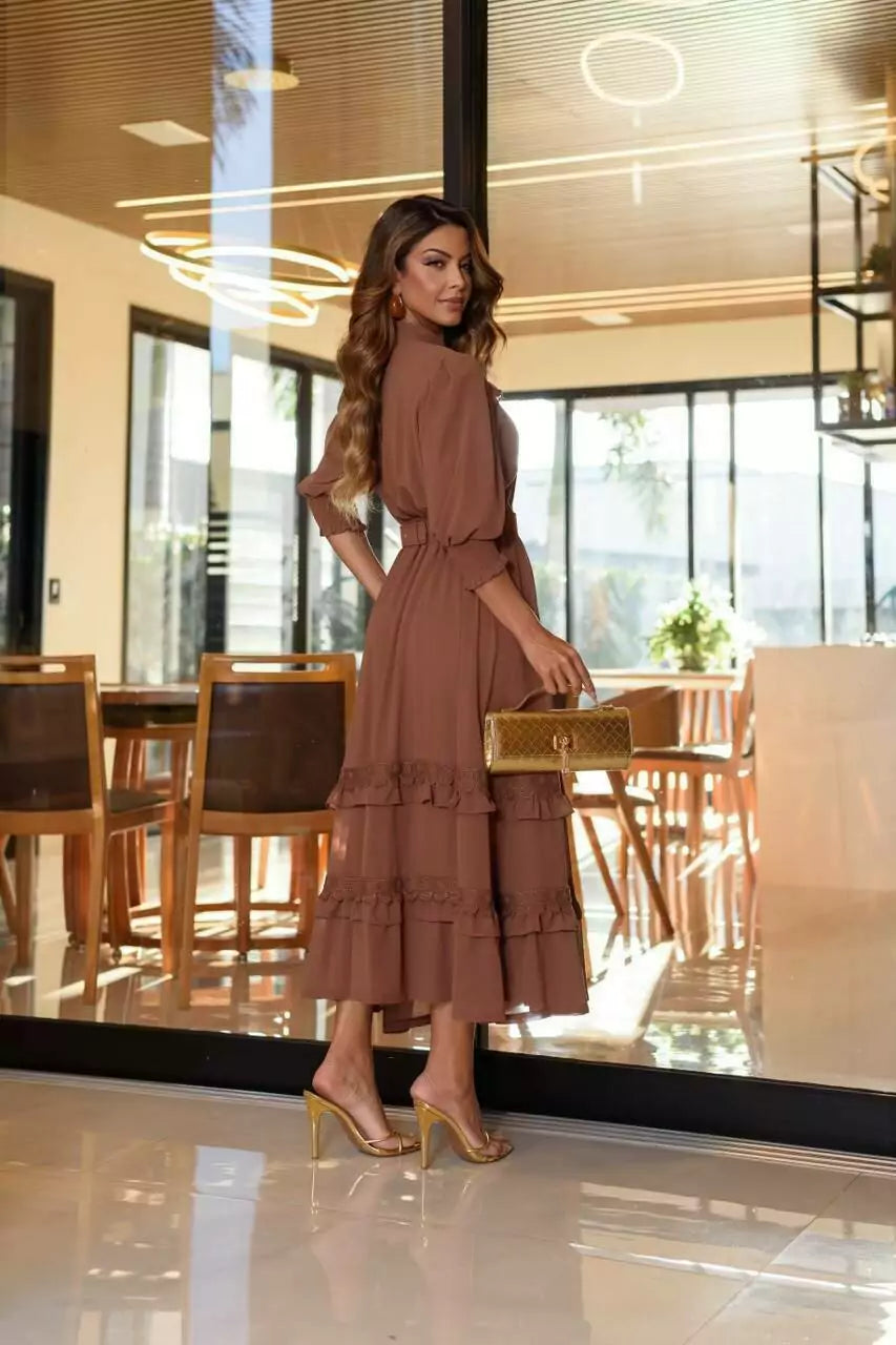 VESTIDO ANELISE MUSSELINE COM RENDA GUIPIR MIDI