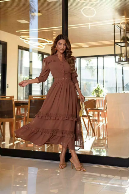 VESTIDO ANELISE MUSSELINE COM RENDA GUIPIR MIDI