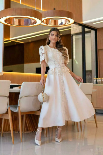 VESTIDO FLORENÇA RENDA GUIPIR COM SAIA ALFAIATARIA MIDI
