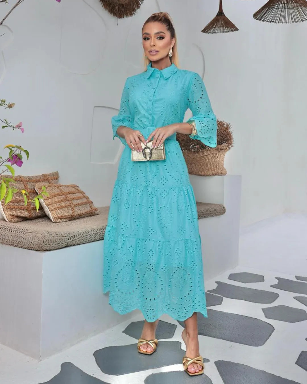 vestido midi bordado