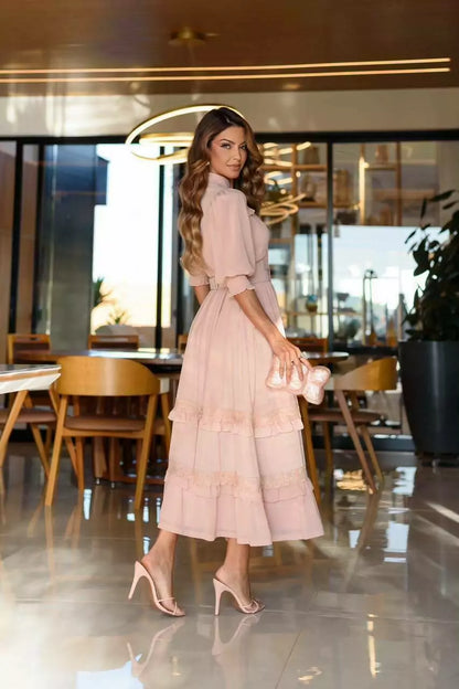 VESTIDO ANELISE MUSSELINE COM RENDA GUIPIR MIDI