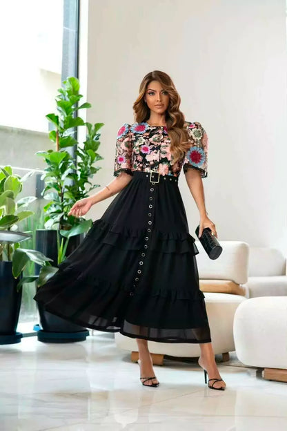 VESTIDO JOANA TULE BORDADO 3D COM SAIA MAXI MIDI