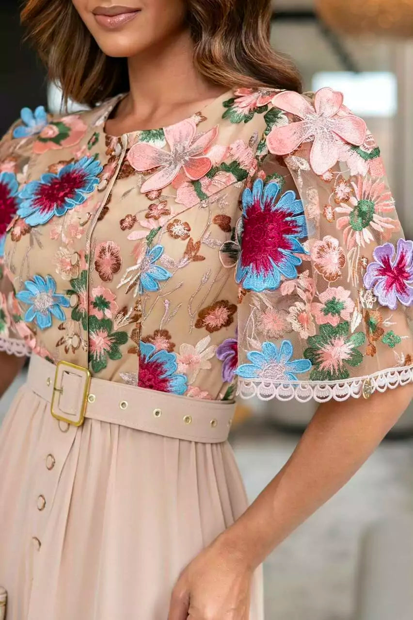 VESTIDO JOANA TULE BORDADO 3D COM SAIA MAXI MIDI